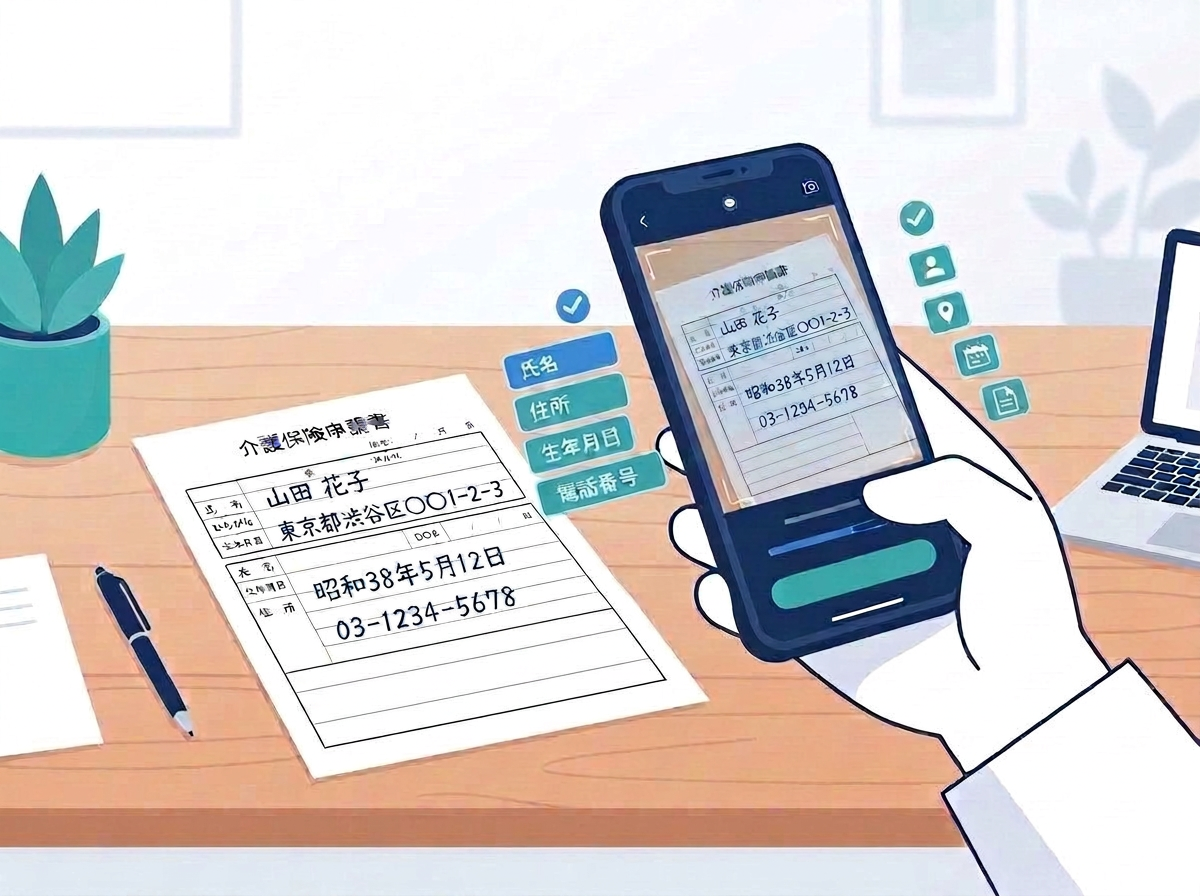 スマホで手書き申込書や介護保険証を撮影し、AIがOCRでデータ化するイメージ