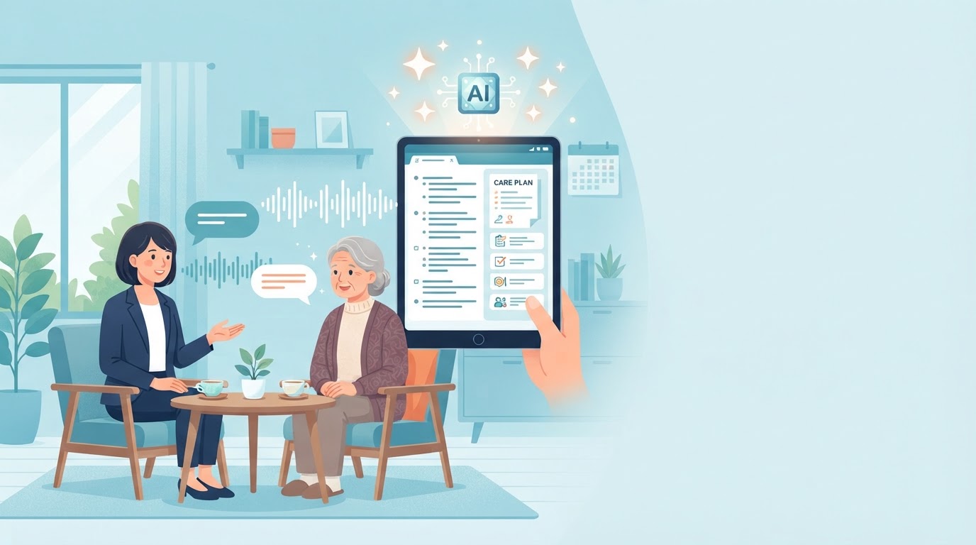 AIが会話を録音・文字起こしし、モニタリングシートや会議記録を自動作成するイメージ